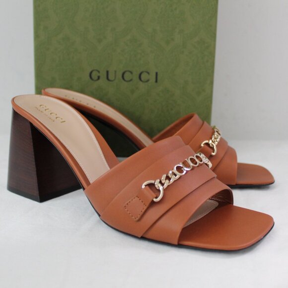 NWB Gucci Logo Hardware Harness Brown Chunk Heel Sandals Mules 40.5 786595 - Picture 1 of 6